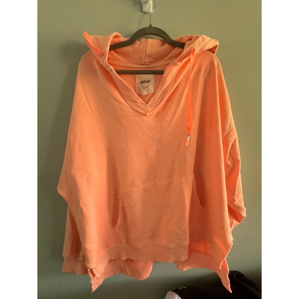 Aerie Oversized Raw Hem Hoodie Sweatshirt Peach Coral XL New